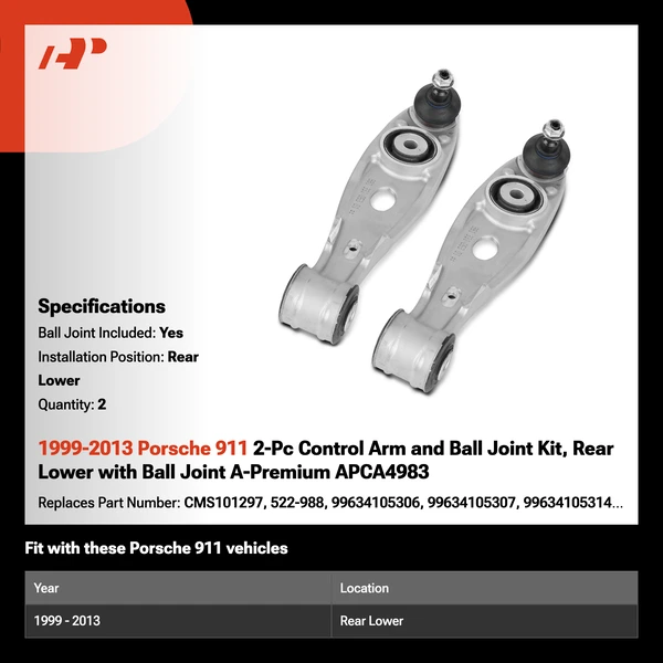 1999-2013 Porsche 911 2-Pc Control Arm and Ball Joint Kit, Rear Lower with Ball Joint A-Premium APCA4983