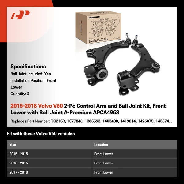 2015-2018 Volvo V60 2-Pc Control Arm and Ball Joint Kit, Front Lower with Ball Joint A-Premium APCA4963