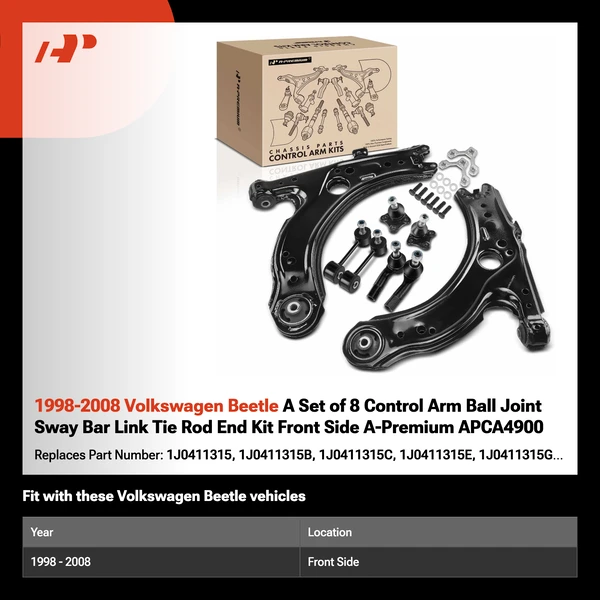 1998-2008 Volkswagen Beetle A Set of 8 Control Arm Ball Joint Sway Bar Link Tie Rod End Kit Front Side A-Premium APCA4900