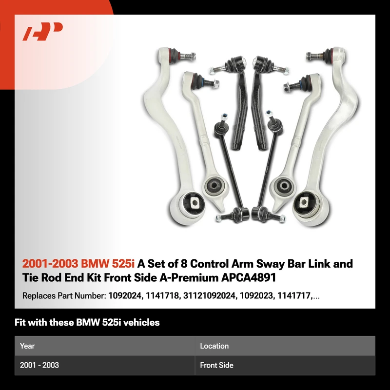 2001-2003 BMW 525i A Set of 8 Control Arm Sway Bar Link and Tie Rod End Kit Front Side A-Premium APCA4891