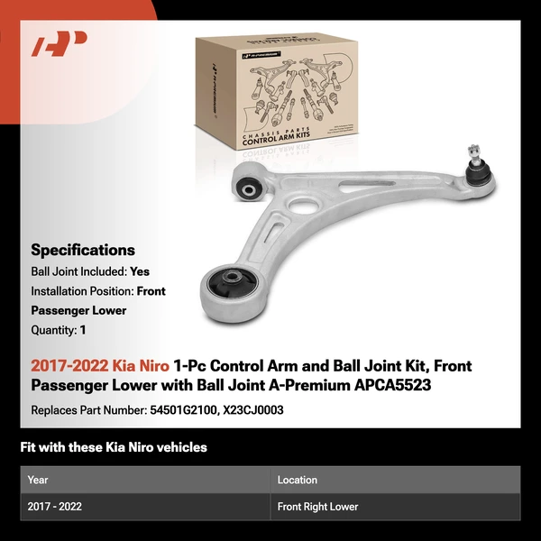 2017-2022 Kia Niro 1-Pc Control Arm and Ball Joint Kit, Front Passenger Lower with Ball Joint A-Premium APCA5523