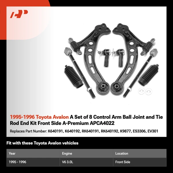 1995-1996 Toyota Avalon A Set of 8 Control Arm Ball Joint and Tie Rod End Kit Front Side A-Premium APCA4022