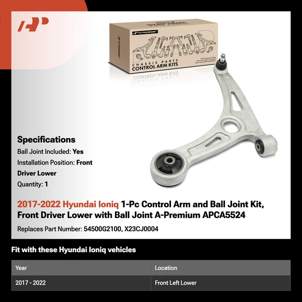 2017-2022 Hyundai Ioniq 1-Pc Control Arm and Ball Joint Kit, Front Driver Lower with Ball Joint A-Premium APCA5524
