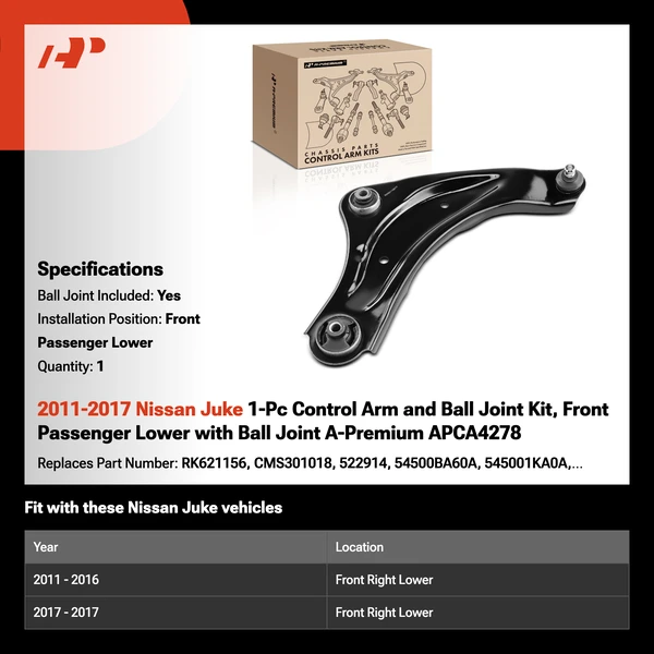 2011-2017 Nissan Juke 1-Pc Control Arm and Ball Joint Kit, Front Passenger Lower with Ball Joint A-Premium APCA4278