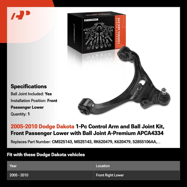 2005-2010 Dodge Dakota 1-Pc Control Arm and Ball Joint Kit, Front Passenger Lower with Ball Joint A-Premium APCA4334