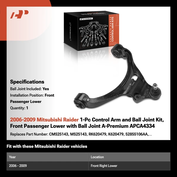 2006-2009 Mitsubishi Raider 1-Pc Control Arm and Ball Joint Kit, Front Passenger Lower with Ball Joint A-Premium APCA4334