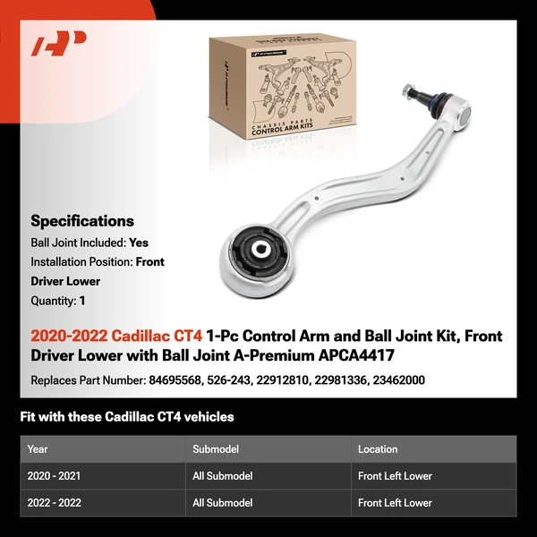 2020-2022 Cadillac CT4 1-Pc Control Arm and Ball Joint Kit, Front Driver Lower with Ball Joint A-Premium APCA4417