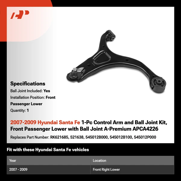 2007-2009 Hyundai Santa Fe 1-Pc Control Arm and Ball Joint Kit, Front Passenger Lower with Ball Joint A-Premium APCA4226