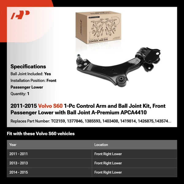 2011-2015 Volvo S60 1-Pc Control Arm and Ball Joint Kit, Front Passenger Lower with Ball Joint A-Premium APCA4410