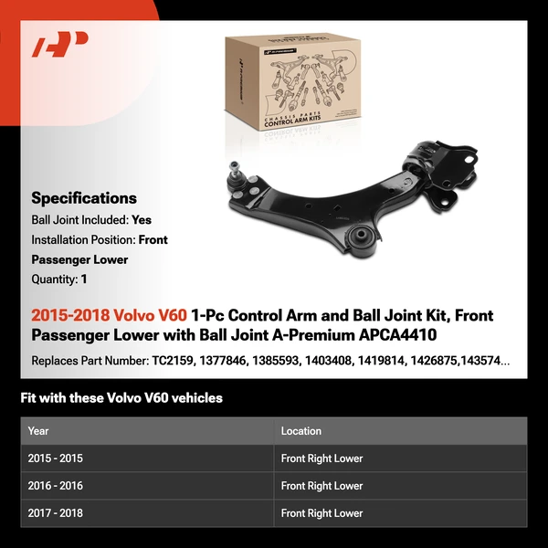 2015-2018 Volvo V60 1-Pc Control Arm and Ball Joint Kit, Front Passenger Lower with Ball Joint A-Premium APCA4410