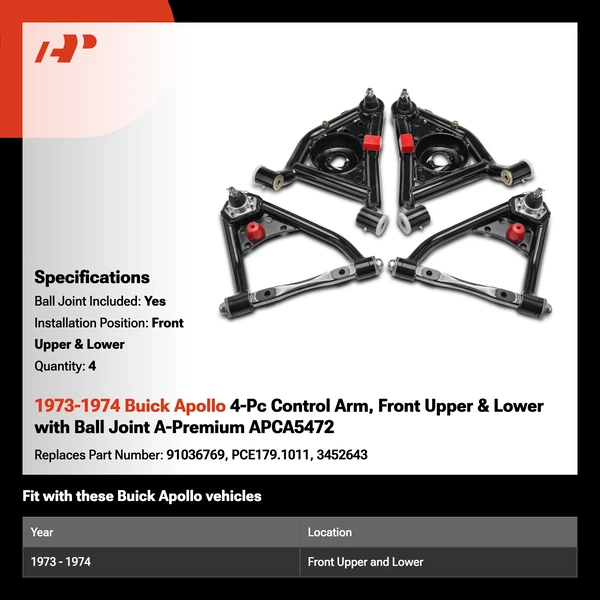 1973-1974 Buick Apollo 4-Pc Control Arm, Front Upper & Lower with Ball Joint A-Premium APCA5472