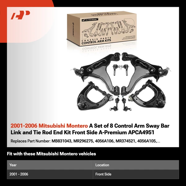 2001-2006 Mitsubishi Montero A Set of 8 Control Arm Sway Bar Link and Tie Rod End Kit Front Side A-Premium APCA4951