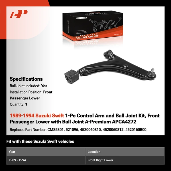 1989-1994 Suzuki Swift 1-Pc Control Arm and Ball Joint Kit, Front Passenger Lower with Ball Joint A-Premium APCA4272