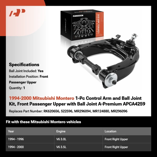 1994-2000 Mitsubishi Montero 1-Pc Control Arm and Ball Joint Kit, Front Passenger Upper with Ball Joint A-Premium APCA4259