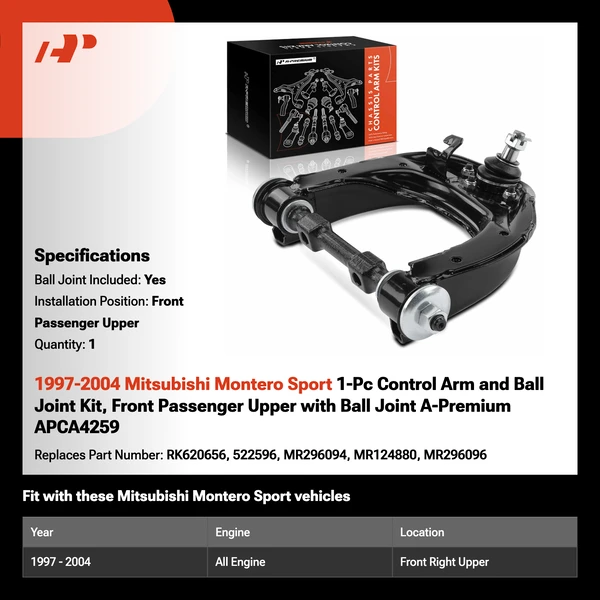 1997-2004 Mitsubishi Montero Sport 1-Pc Control Arm and Ball Joint Kit, Front Passenger Upper with Ball Joint A-Premium APCA4259