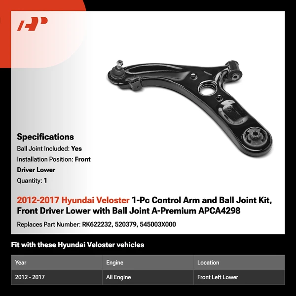 2012-2017 Hyundai Veloster 1-Pc Control Arm and Ball Joint Kit, Front Driver Lower with Ball Joint A-Premium APCA4298