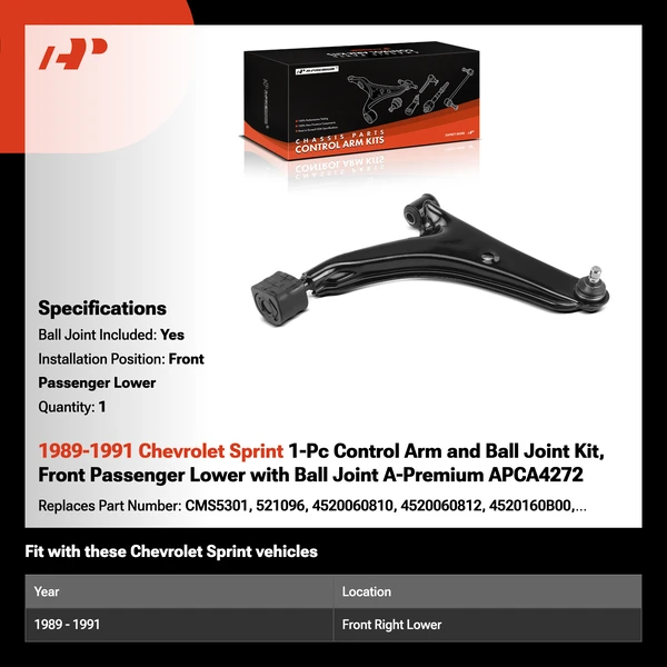 1989-1991 Chevrolet Sprint 1-Pc Control Arm and Ball Joint Kit, Front Passenger Lower with Ball Joint A-Premium APCA4272