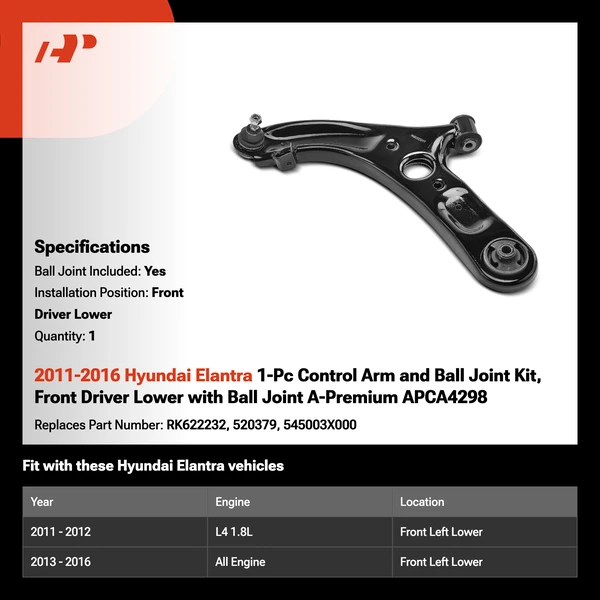 2011-2016 Hyundai Elantra 1-Pc Control Arm and Ball Joint Kit, Front Driver Lower with Ball Joint A-Premium APCA4298
