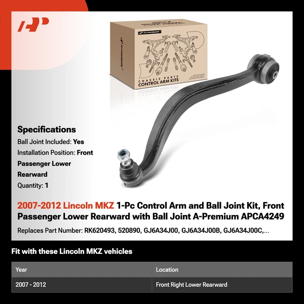 2007-2012 Lincoln MKZ 1-Pc Control Arm and Ball Joint Kit, Front Passenger Lower Rearward with Ball Joint A-Premium APCA4249
