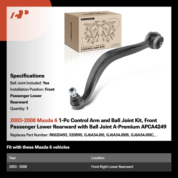 2003-2008 Mazda 6 1-Pc Control Arm and Ball Joint Kit, Front Passenger Lower Rearward with Ball Joint A-Premium APCA4249