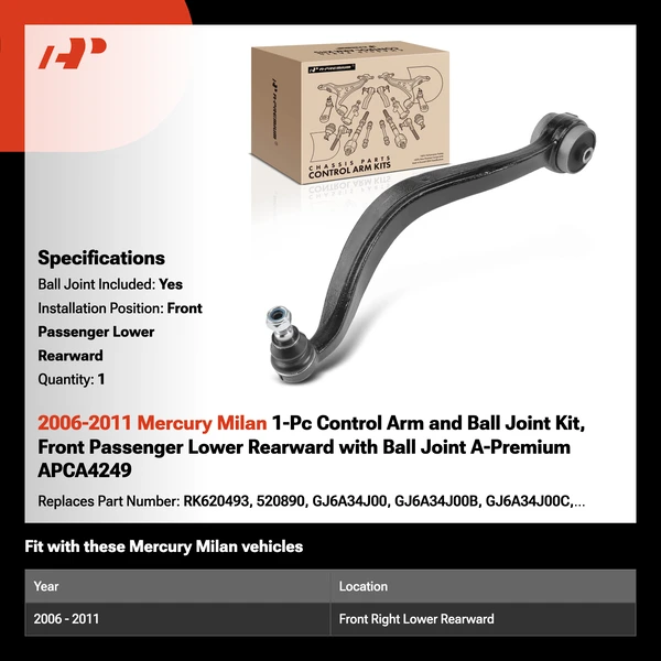 2006-2011 Mercury Milan 1-Pc Control Arm and Ball Joint Kit, Front Passenger Lower Rearward with Ball Joint A-Premium APCA4249