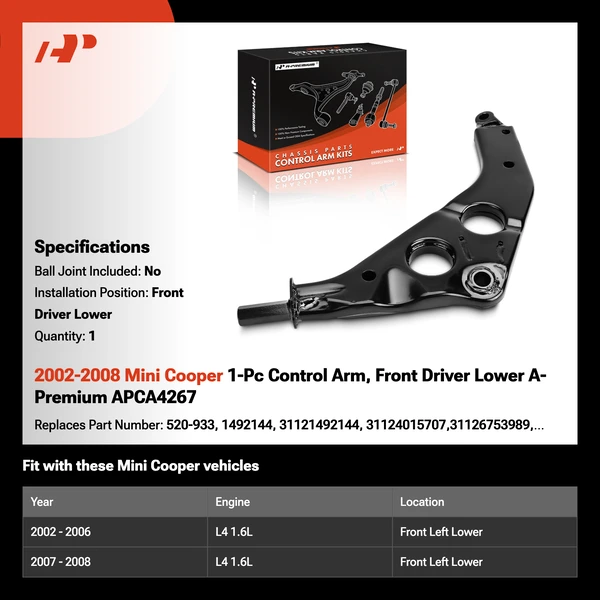 2002-2008 Mini Cooper 1-Pc Control Arm, Front Driver Lower A-Premium APCA4267