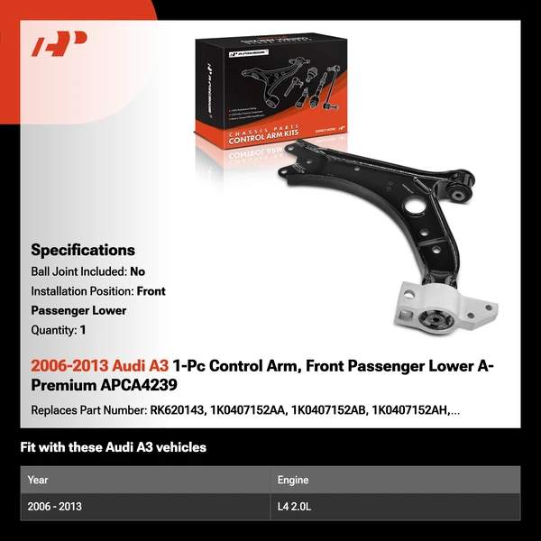 2006-2013 Audi A3 1-Pc Control Arm, Front Passenger Lower A-Premium APCA4239
