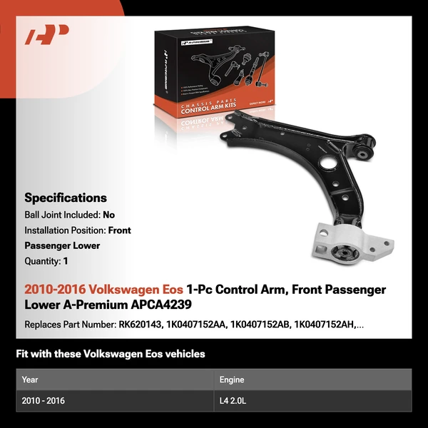 2010-2016 Volkswagen Eos 1-Pc Control Arm, Front Passenger Lower A-Premium APCA4239