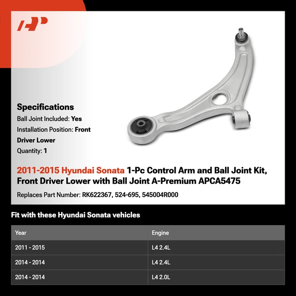2011-2015 Hyundai Sonata 1-Pc Control Arm and Ball Joint Kit, Front Driver Lower with Ball Joint A-Premium APCA5475