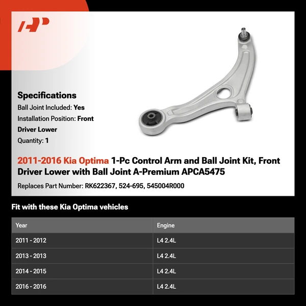 2011-2016 Kia Optima 1-Pc Control Arm and Ball Joint Kit, Front Driver Lower with Ball Joint A-Premium APCA5475