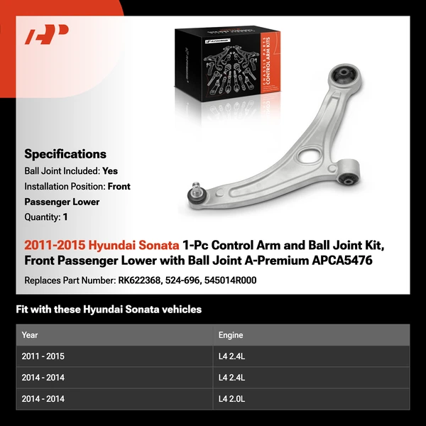 2011-2015 Hyundai Sonata 1-Pc Control Arm and Ball Joint Kit, Front Passenger Lower with Ball Joint A-Premium APCA5476