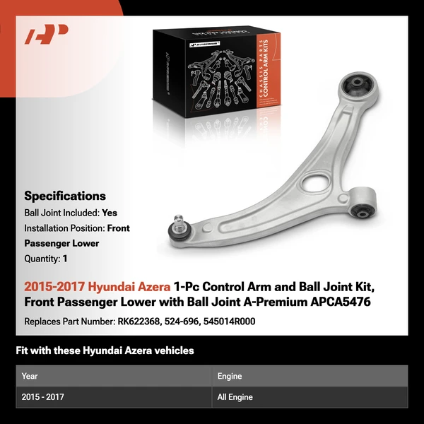 2015-2017 Hyundai Azera 1-Pc Control Arm and Ball Joint Kit, Front Passenger Lower with Ball Joint A-Premium APCA5476