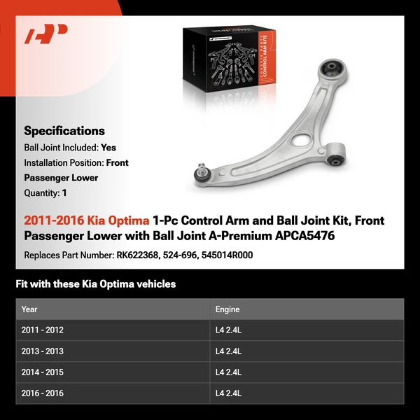 2011-2016 Kia Optima 1-Pc Control Arm and Ball Joint Kit, Front Passenger Lower with Ball Joint A-Premium APCA5476