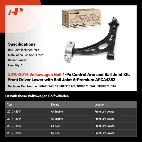 2010-2014 Volkswagen Golf 1-Pc Control Arm and Ball Joint Kit, Front Driver Lower with Ball Joint A-Premium APCA4382
