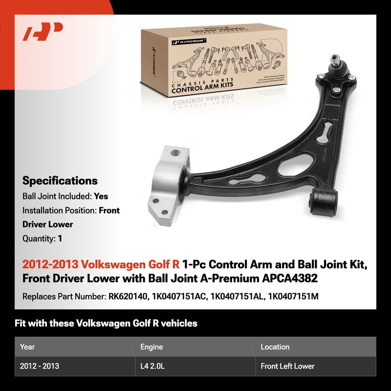2012-2013 Volkswagen Golf R 1-Pc Control Arm and Ball Joint Kit, Front Driver Lower with Ball Joint A-Premium APCA4382