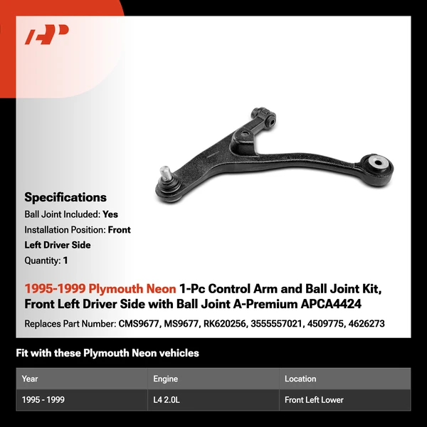 1995-1999 Plymouth Neon 1-Pc Control Arm and Ball Joint Kit, Front Left Driver Side with Ball Joint A-Premium APCA4424