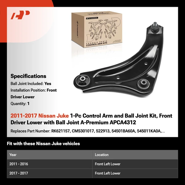 2011-2017 Nissan Juke 1-Pc Control Arm and Ball Joint Kit, Front Driver Lower with Ball Joint A-Premium APCA4312