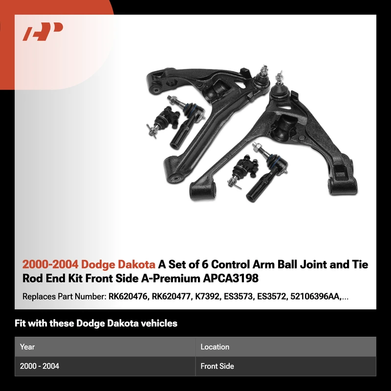 2000-2004 Dodge Dakota A Set of 6 Control Arm Ball Joint and Tie Rod End Kit Front Side A-Premium APCA3198