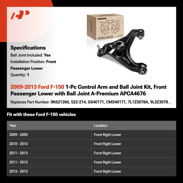 2009-2013 Ford F-150 1-Pc Control Arm and Ball Joint Kit, Front Passenger Lower with Ball Joint A-Premium APCA4676