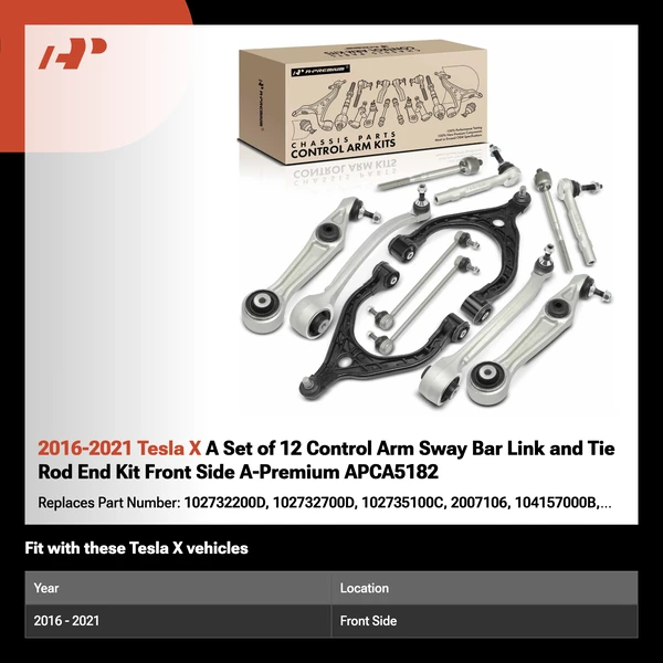 2016-2021 Tesla X A Set of 12 Control Arm Sway Bar Link and Tie Rod End Kit Front Side A-Premium APCA5182