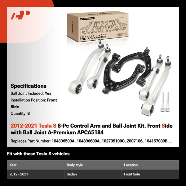 2012-2021 Tesla S 8-Pc Control Arm and Ball Joint Kit, Front Side with Ball Joint A-Premium APCA5184
