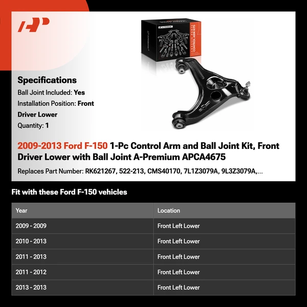 2009-2013 Ford F-150 1-Pc Control Arm and Ball Joint Kit, Front Driver Lower with Ball Joint A-Premium APCA4675