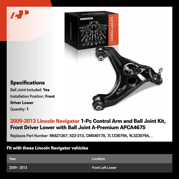 2009-2013 Lincoln Navigator 1-Pc Control Arm and Ball Joint Kit, Front Driver Lower with Ball Joint A-Premium APCA4675