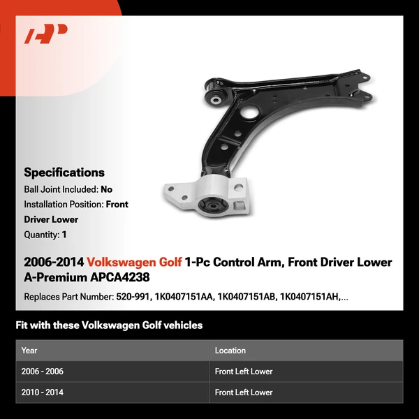 2006-2014 Volkswagen Golf 1-Pc Control Arm, Front Driver Lower A-Premium APCA4238