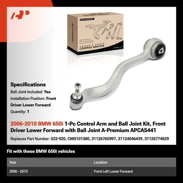 2006-2010 BMW 650i 1-Pc Control Arm and Ball Joint Kit, Front Driver Lower Forward with Ball Joint A-Premium APCA5441