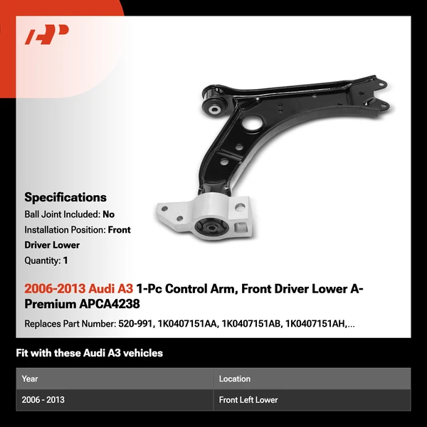 2006-2013 Audi A3 1-Pc Control Arm, Front Driver Lower A-Premium APCA4238