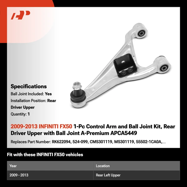 2009-2013 INFINITI FX50 1-Pc Control Arm and Ball Joint Kit, Rear Driver Upper with Ball Joint A-Premium APCA5449