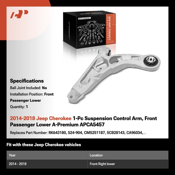 2014-2018 Jeep Cherokee 1-Pc Suspension Control Arm, Front Passenger Lower A-Premium APCA5457