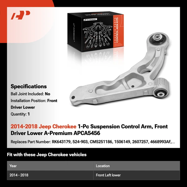 2014-2018 Jeep Cherokee 1-Pc Suspension Control Arm, Front Driver Lower A-Premium APCA5456
