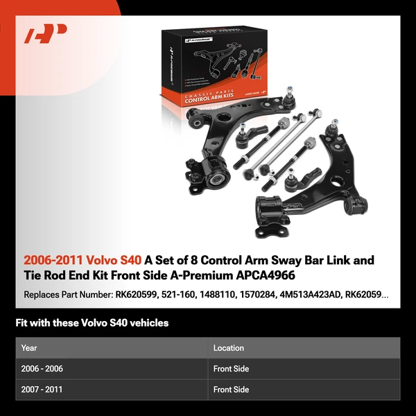2006-2011 Volvo S40 A Set of 8 Control Arm Sway Bar Link and Tie Rod End Kit Front Side A-Premium APCA4966